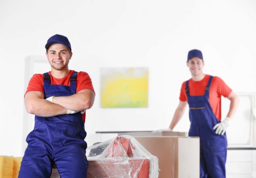 Removalists carrying boxes through a West Hampstead apartment building